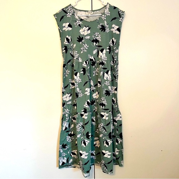 Vintage Women XL Studio B Green and Black Sleeveless Floral Flower Flow Dress - Picture 2 of 8